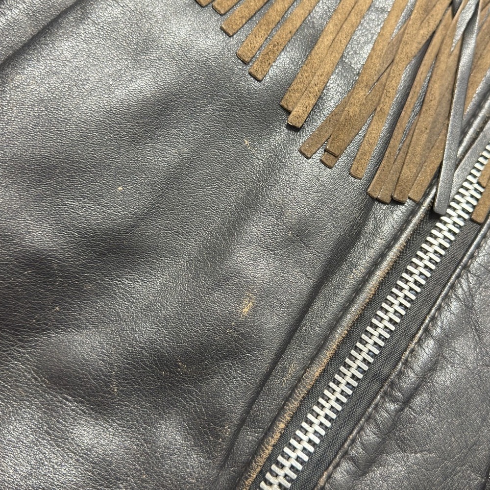 Leather Fringe Jacket Womens L Black Good Vintage Biker Western Moto - Picture 4 of 9